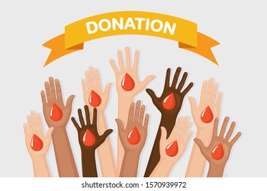 Red blood drop in hands isolated on white background. Donation, transfusion in medicine laboratory concept. Save patient life. Vector flat design