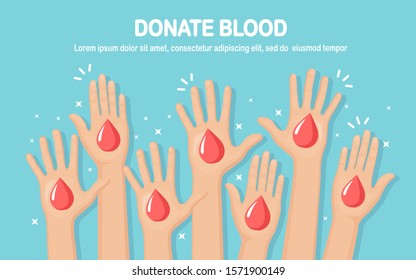 Red blood drop in hands isolated on white background. Donation, transfusion in medicine laboratory concept. Save patient life. Vector flat design