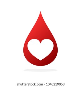Red blood drop with heart shape. Vector illustration. Blood donation icon isolated