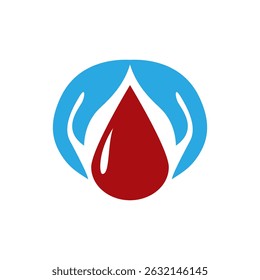 Red blood drop held by two hands in a blue circle, representing protection and safety.