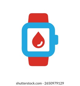Ícone de gota de sangue vermelho dentro de uma tela smartwatch azul em uma pulseira vermelha isolada no vetor