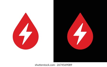 Red blood drop with a lightning bolt inside, symbolizing strength, clean vector style.