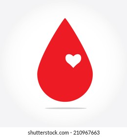 Red Blood Drop And White Heart Vector Icon With Shadow On A White Background. 