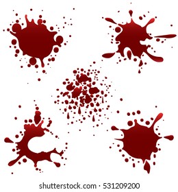 Red blood drops set isolated on white background. Vector illustration