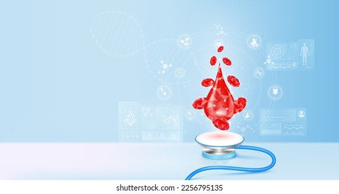 Red blood float away from stethoscope. Medical icons Image virtual hologram on screen computer. Doctor diagnose digital data record. Electronic medical technology innovation. 3d Vector.