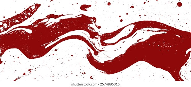 Red blood grunge texture background with wall splatter, white splash, and stain. Horror brush marks on old, rough surface.