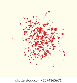 Red blood or paint flowing down on simple background. Halloween, murder and horror concept. Red ink splash, splatter and stain. Red ink splatter on white background formed by individual particles.