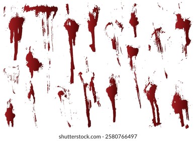 Red blood paint splashes background set. Set of dripping red color blood splash background. Various collection of blood paint splatter