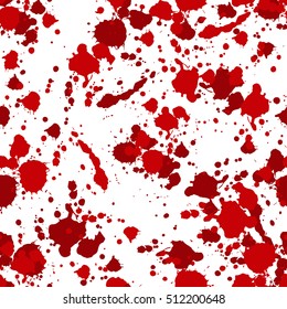 Red blood or paint splatters. Vector illustration of different blood splashes, drops and trail Isolated on white background. Vector red Ink stain, blots and splashes seamless pattern