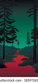 Red Blood River In The Dark Forest. Vertical Vector Illustration