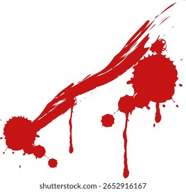 Red blood splatter with dripping effects, isolated on a clean white background. Perfect for horror designs, Halloween themes and crime scenes