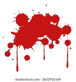 Red blood splatter with dripping effects, isolated on a clean white background. Perfect for horror designs, Halloween themes and crime scenes