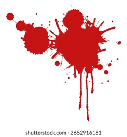Red blood splatter with dripping effects, isolated on a clean white background. Perfect for horror designs, Halloween themes and crime scenes