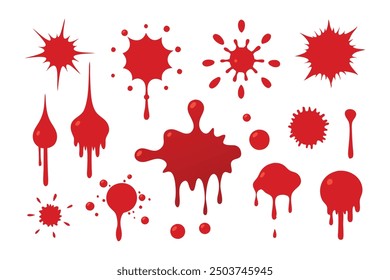 Ilustración vectorial del grupo de salpicaduras de sangre roja sobre fondo blanco.
