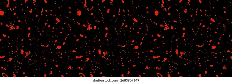 Salpicadura de sangre roja rociar patrón sin fisuras. Gotas de tinta y puntos sobre fondo negro. Vector Halloween de horror de telón de fondo. Textura de llovizna de goteo sin fin. Papel de embalaje, diseño de la tela, patrón textil