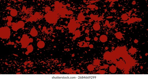 Salpicadura de sangre roja rociar patrón sin fisuras. Gotas de tinta y puntos sobre fondo negro. Vector Halloween de horror de telón de fondo. Textura de llovizna de goteo sin fin. Papel de embalaje, diseño de la tela, Vector