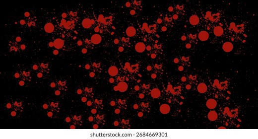 Salpicadura de sangre roja rociar patrón sin fisuras. Gotas de tinta y puntos sobre fondo negro. Vector Halloween de horror de telón de fondo. Textura de llovizna de goteo sin fin. Papel de embalaje, diseño de la tela, Vector