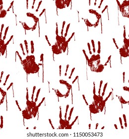 Red Bloody Scary Hands Imprint Seamless Pattern Background On A White Symbol Of Crime, Murder Or Danger. Vector Illustration Of Horror Hand Print