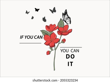 Red bloom flower and butterfly design vector art. margarita mariposa stationery,mug,t shirt,phone case fashion slogan style spring summer sticker 