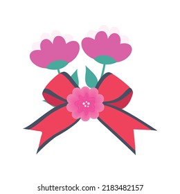 Red bloom flower with pink bow ribbon  vector illustration 