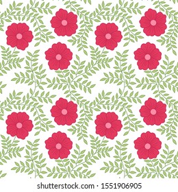 Red bloom flowers and green leaves small branch seamless pattern vector flora background