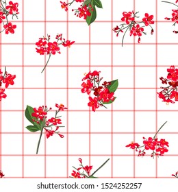 Red blooming garden flowers on hand drawn window check or grid seamless pattern vector scatter repeat for fashion, fabric ,and all prints on white