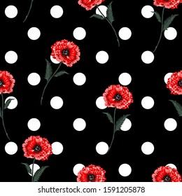 Red Blooming poppy flowers seamless pattern with white polka dots on black background in hand drawing style.Design for all prints
