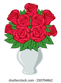 red blooming roses with green leaves in a vase