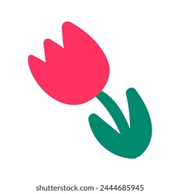 Red blooming tulip drawn by child. Bright childish careless illustration for design of festive spring banner. Flat hand drawn vector element isolated on white background