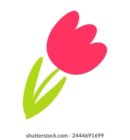 Red blooming tulip drawn by child. Bright childish careless illustration for design of festive spring banner. Flat hand drawn vector element isolated on white background
