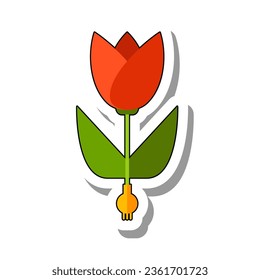 Red blooming tulip flat paper sticker. Growing indoor or outdoor flower with green leaves and seedling bulb isolated on white background. Plant, nature, spring, gardening concept