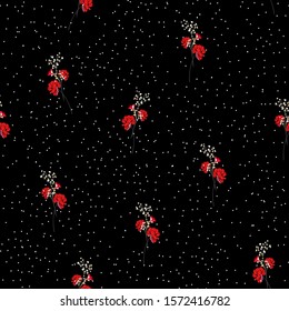 Red Blooming wild flowers seamless pattern with small polka dots like snowflake on black background