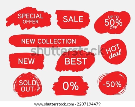 Red Blots stains of new tag label. Sale price promotion discount sticker banner watercolor paint hand drawn style.