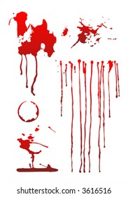 Red blots of various forms on a white background.