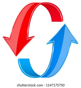 Red and blue 3d arrows. Recycle sign. Vector illustration isolated on white background