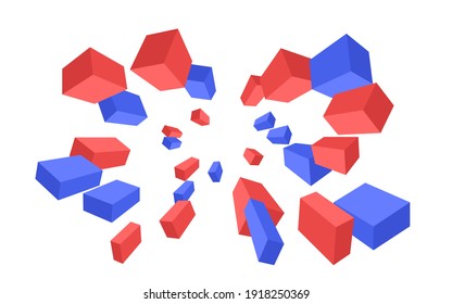 red and blue 3D cubes flies forward to middle isolated on white background, abstract geometric vector design background.