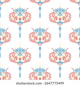 Red and blue abstract hand-drawn ikat seamless pattern. Vintage style. Portuguese tiles. Spanish pottery. Ideas for wallpaper, textiles, curtains, and rugs.