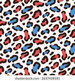 Red and blue  abstract Leopard Print seamless pattern on white background. For fabric, textile and home décor