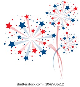 Red and blue abstract lines fireworks with stars and circles isolated on white background