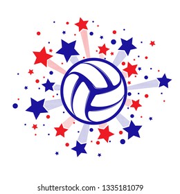 Red and blue abstract lines fireworks with volleyball isolated on white background