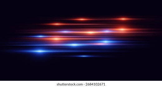 Líneas de luz de neón abstractas rojas y azules. Velocidad de los haces Horizontales.	