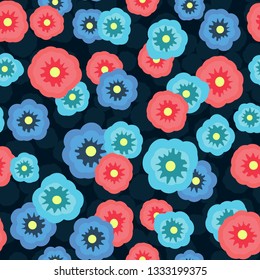 Red and blue abstract poppies on a dark background. Pattern for textile, fabric, background, Wallpaper, wrapping paper.