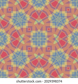Fondo de textura abstracto de color azul rojo. Papel de pared geométrico impecable. Se muestran estrellas, hexágonos, rombos. Elemento de diseño de vectores.