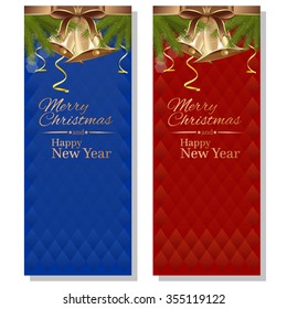 Red and blue abstract vector christmassy backgrounds with fir branches, ribbons, bows and golden bells. Merry Christmas and Happy New Year.