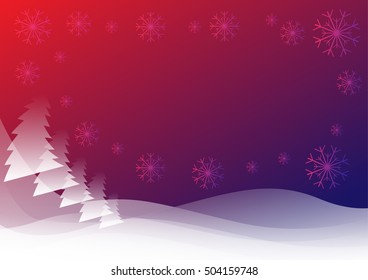 red blue abstract winter background with snowflakes and Christmas trees