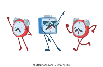 Red and Blue Alarm Clock Character Standing with Raised Hand and Running Vector Illustration Set