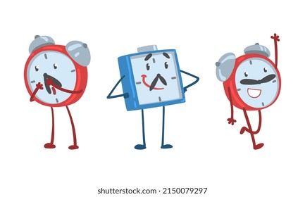 Red and Blue Alarm Clock Character Smiling and Running Vector Illustration Set