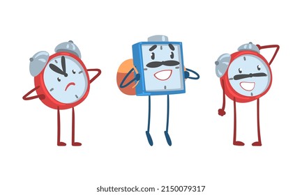 Carácter de reloj de alarma rojo y azul Frowning y de pie con juego de iluminación de vectores de mochila