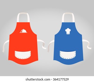 red and blue apron kitchenware illustration template with white icon on the chest and pocket on the front with grey background