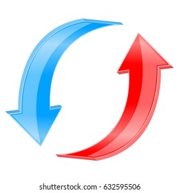 Red and blue arrows in circular motion. Recycling symbol. Vector 3d illustration isolated on white background